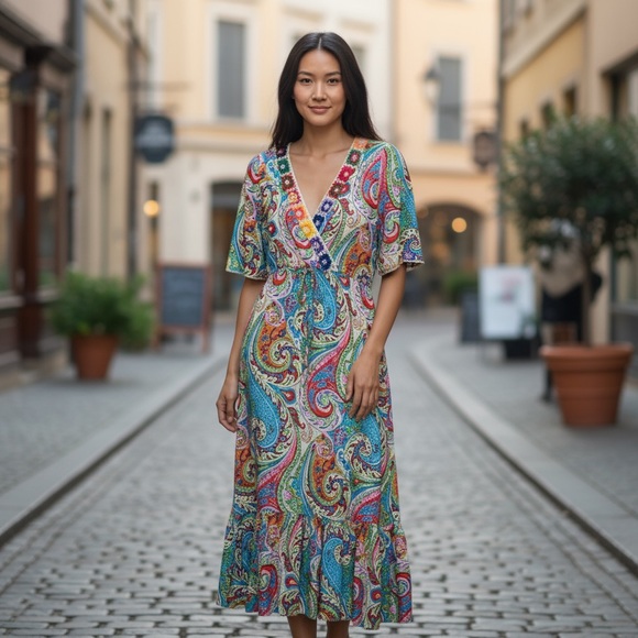 Daenery Dresses & Skirts - Daenery Maxi Dress Womens Med Rainbow Short Sleeve Embroidered New VNeck Floral
